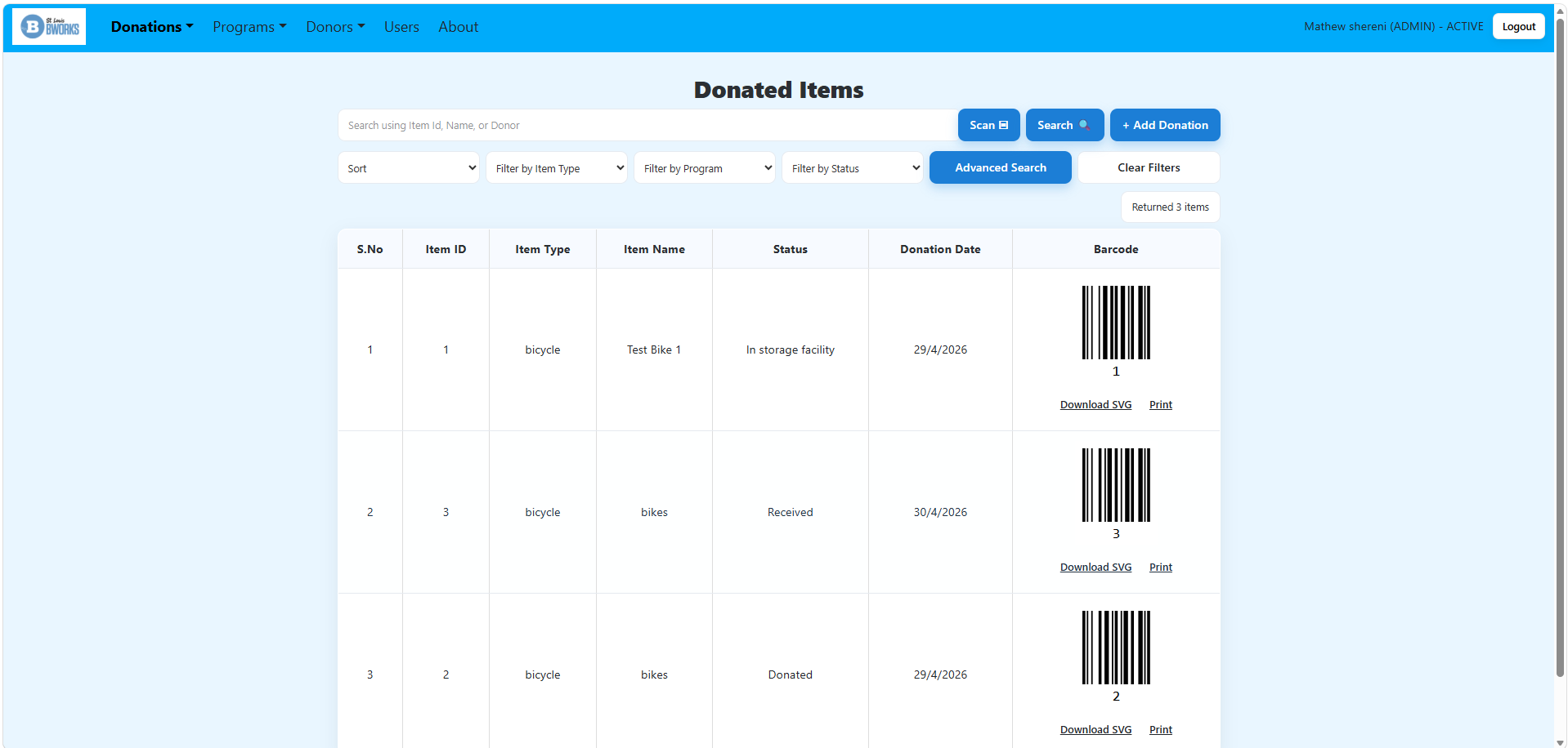 MaterialDerailleur donated-items dashboard with search, filters, and barcode actions