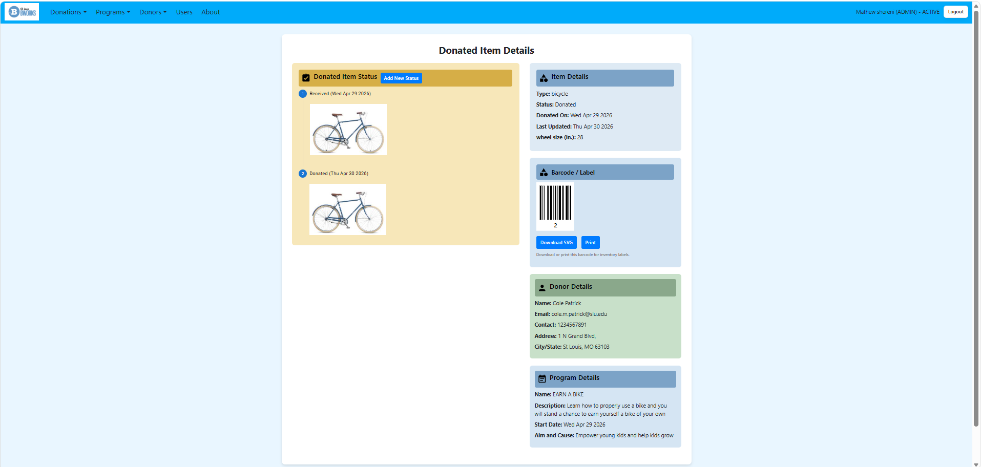 MaterialDerailleur donated-item details page with status history, barcode, donor, and program information